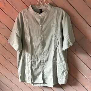 Ouku Mens Cotton Linen Mandarin Collar Shirt Sage Green Short Sleeve Large